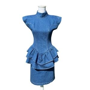 Vintage 80s Hollywood Blvd Denim Peplum Dress Blue Mock Neck Padded Shoulder 7